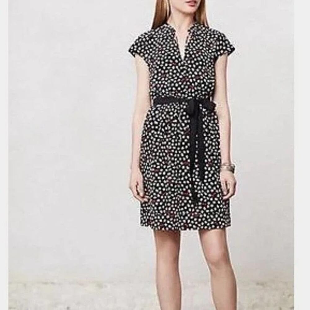 Maeve Anthropologie Black Cap Sleeve Flower Print Dress Women's Size M